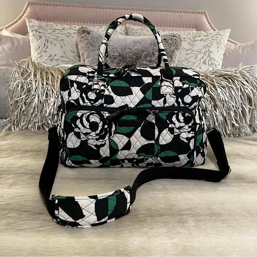 Vera Bradley Black White and Green Quilted Floral Travel Bag